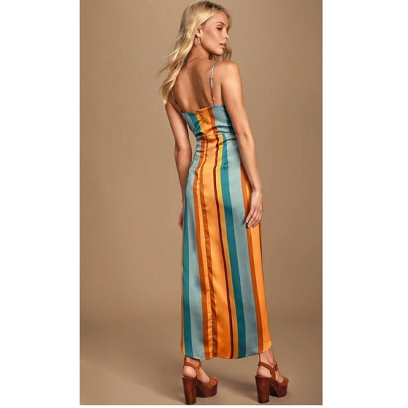  Orange Multi Striped Satin High-Low Midi Dress - Picture 4 of 6